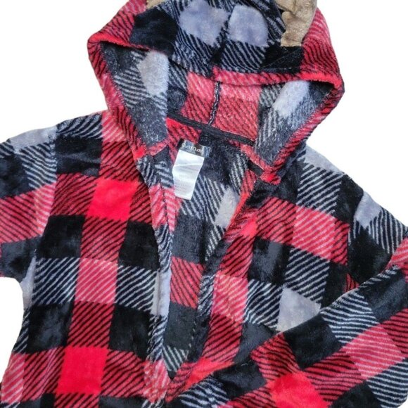 Boys M 8/10 Cuddl Duds Moose/Deer black/red Checkered Plaid Winter Hooded Robe - Picture 6 of 10